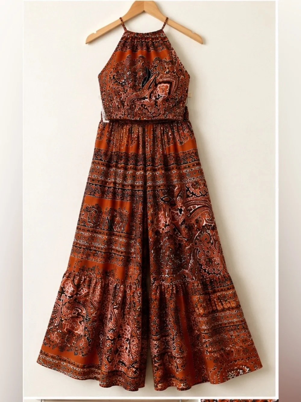 NWT Paisley Palazzo Pants & Halter Crop Top Matching Set Boho Resort L